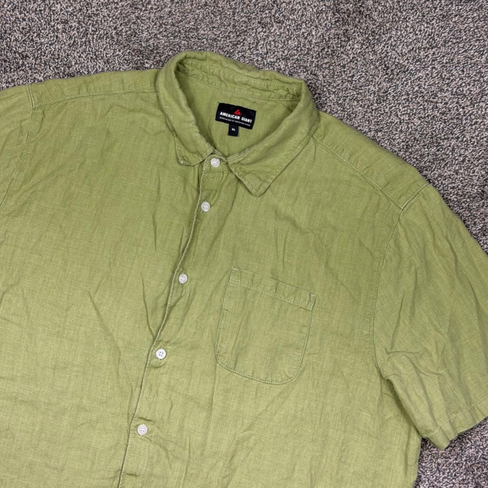 American Giant Mens XL Olive Green 100% Linen Short Sleeve Button Down Shirt